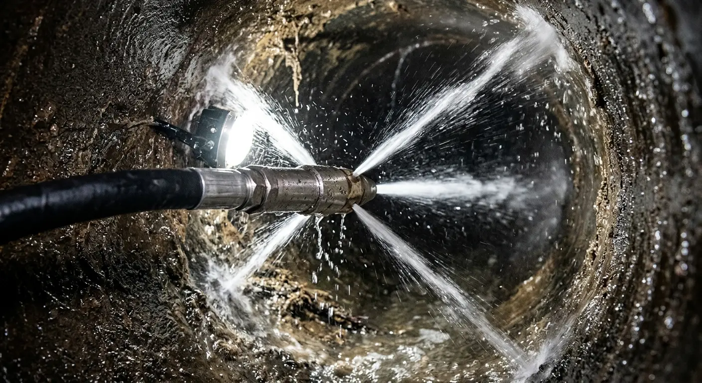 High-pressure hydro jetting nozzle cleaning sewer pipe for Sewer Line Relining in Waterboro