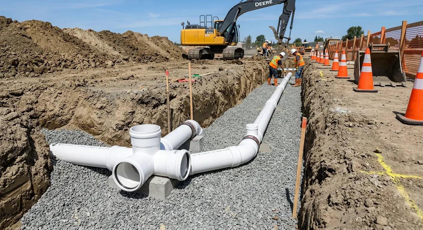 New PVC sewer pipe installation in open trench for Commercial Drain Cleaning in Waterboro