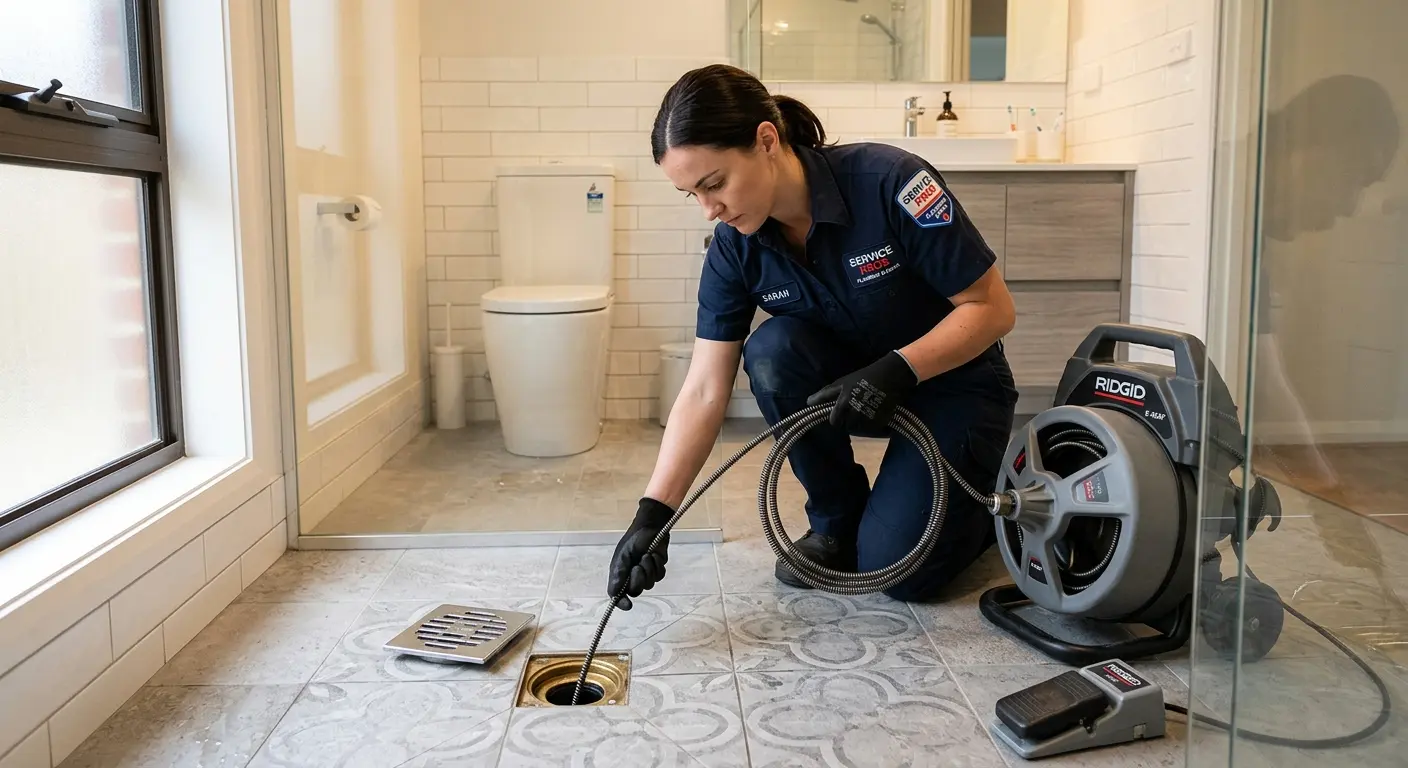Technician clearing a bathroom floor drain for Drain Repair in Waterboro